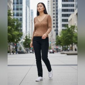 Zara Tan Ribbed Knit V-neck  Blouse Sz Sm